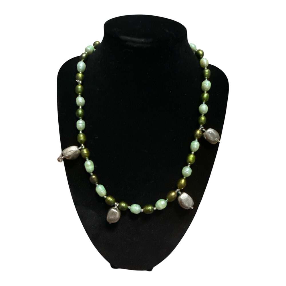 Artisan Green Pearl and Textured Metal Bead Necklace